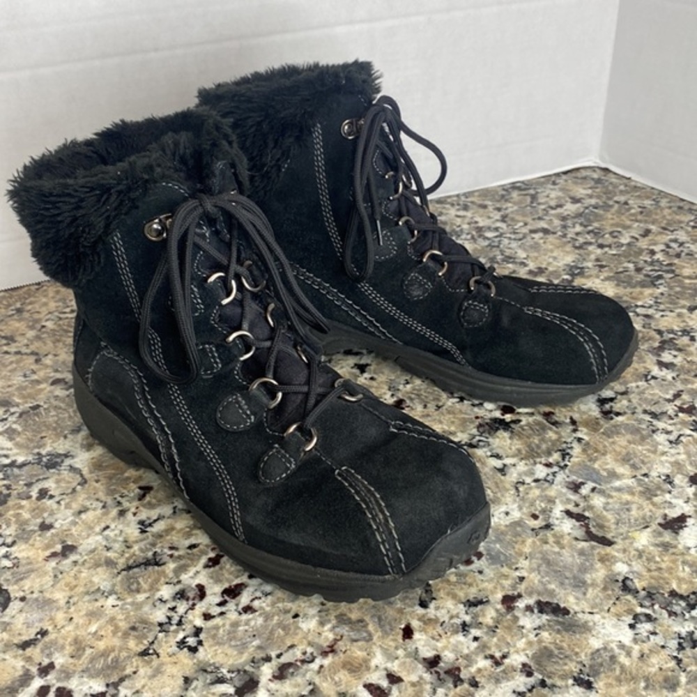 Earth Origins Seona Leather Lace Up Faux Fur Lining Ankle Boots Black Size 8